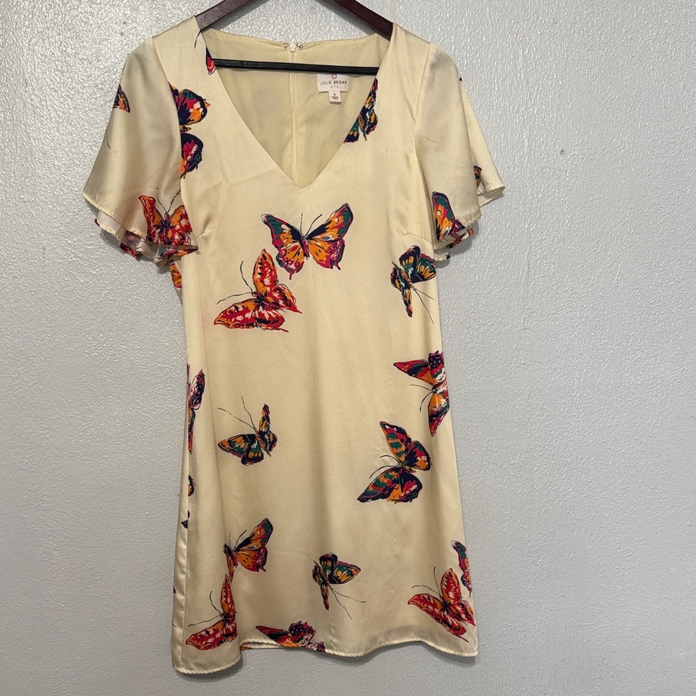 Julie Brown Butterflies Dress V Neck Short Flutter Sleeve Mini Shift Mothers Day